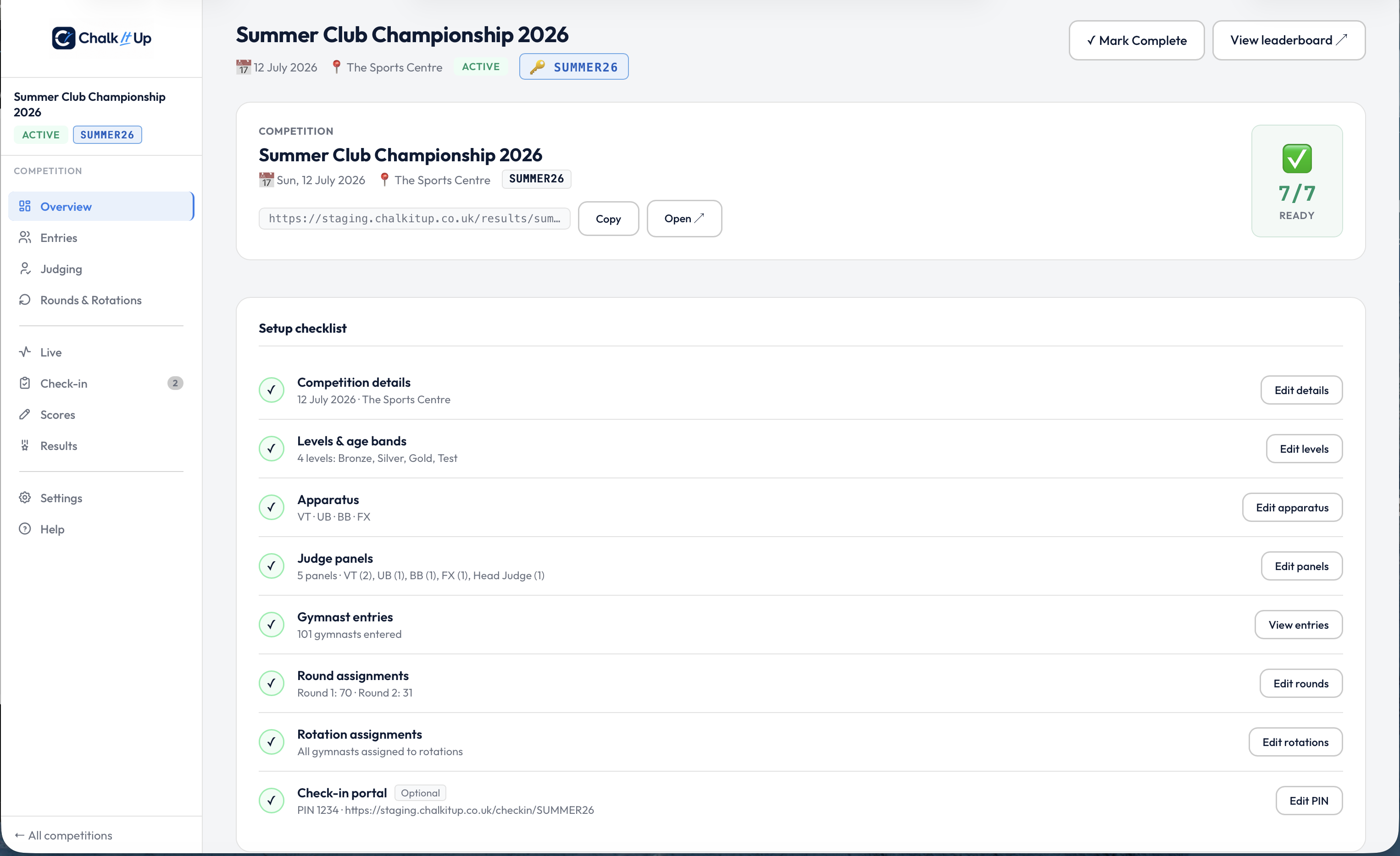 Competition workflow and setup screens